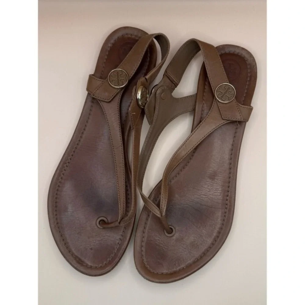 Tory‎ Burch Emmy Tan Leather Flat Thong Slingback Sandals Logo Medallion 9.5M